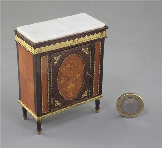 Denis Hillman. A Louis XVI style marquetry inlaid marble topped side cabinet, height 3.25in. width 2.75in.